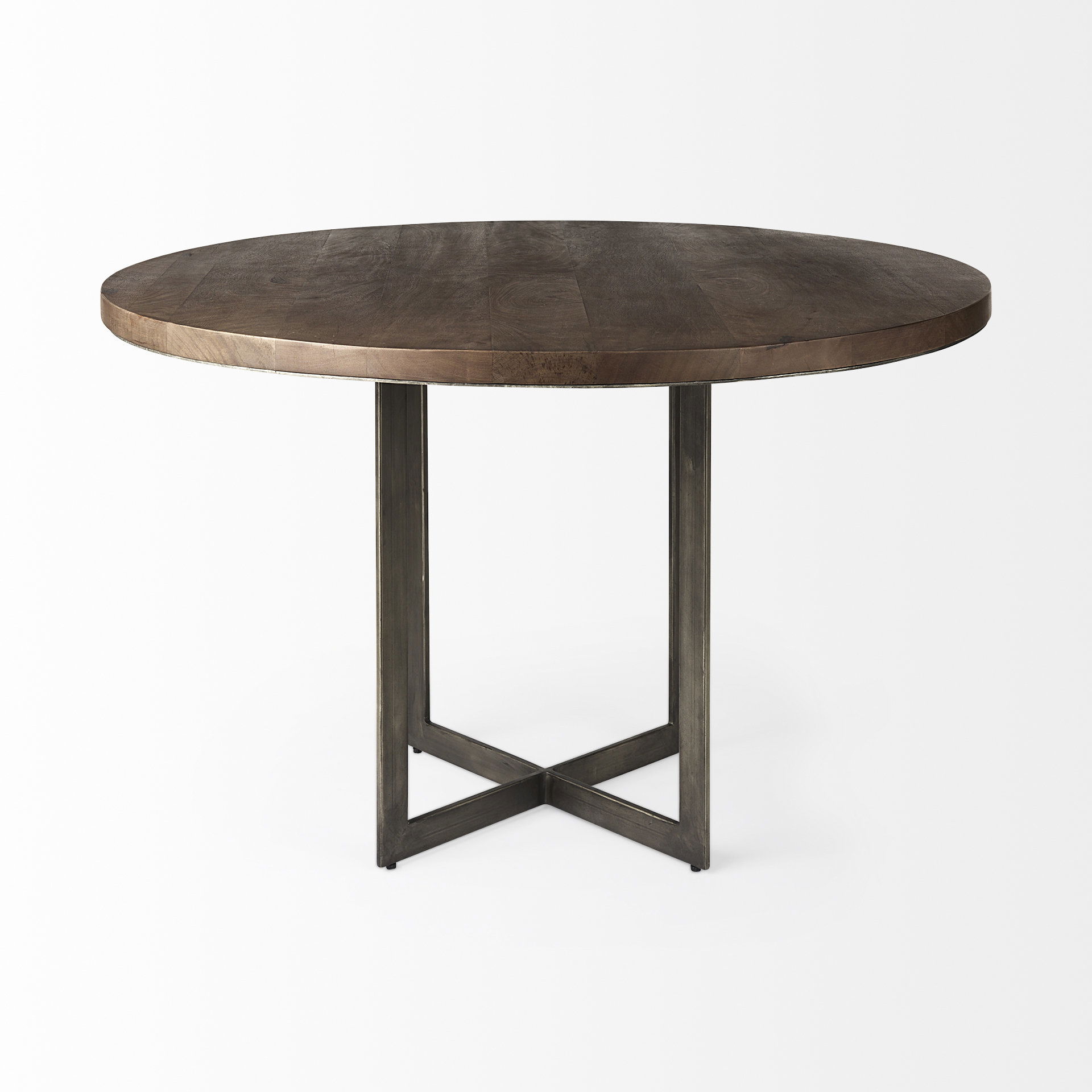 Faye I 48L x 48W x 30H Medium Brown Wood with Antique Nickel Metal Base Round Dining Table, by Mercana, 48" length x 48" width x 30" height View 3