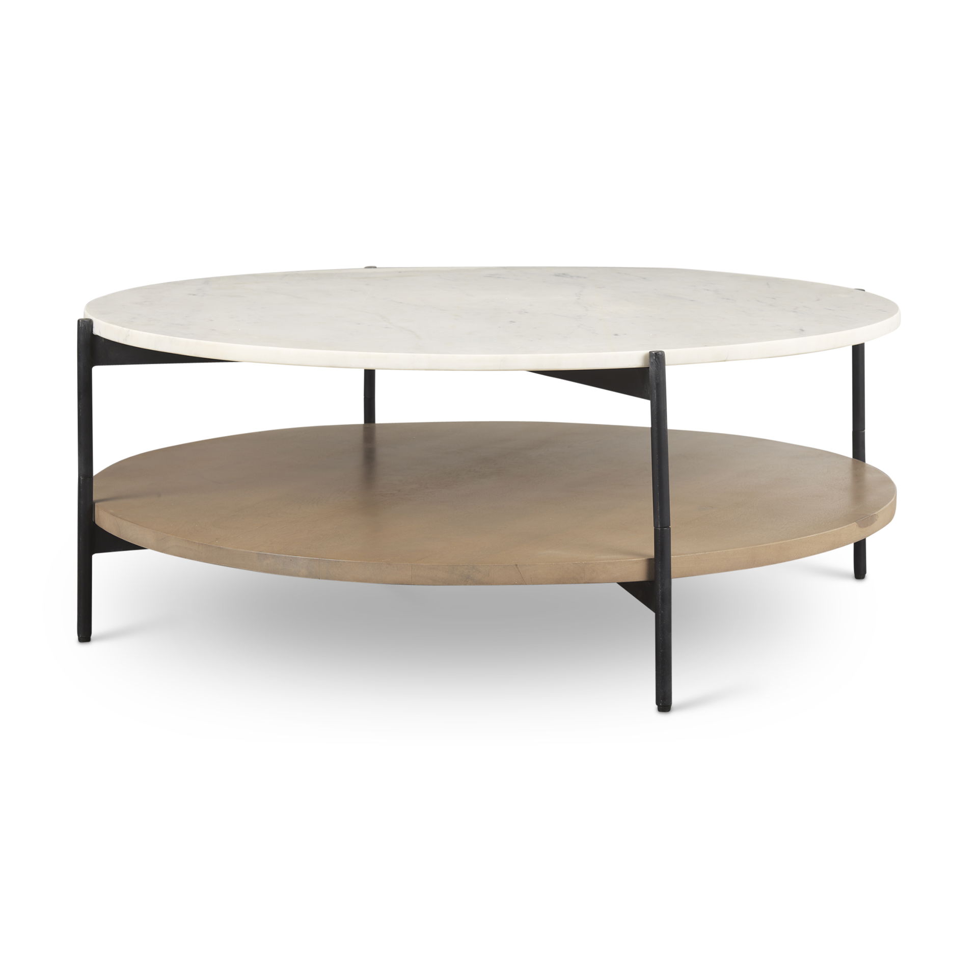 Larkin Marble Top with Brown Wood Shelf Round Coffee Table, by Mercana, 42" length x 42" width x 16" height View 1