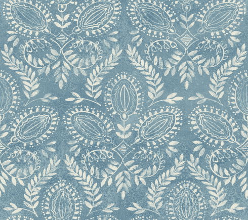 Laurel Damask Blue Wallpaper
