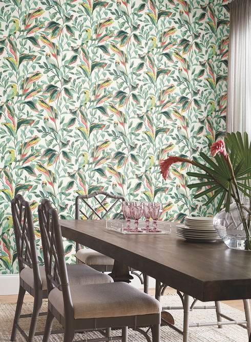 Tropical Love Birds White & Coral Wallpaper