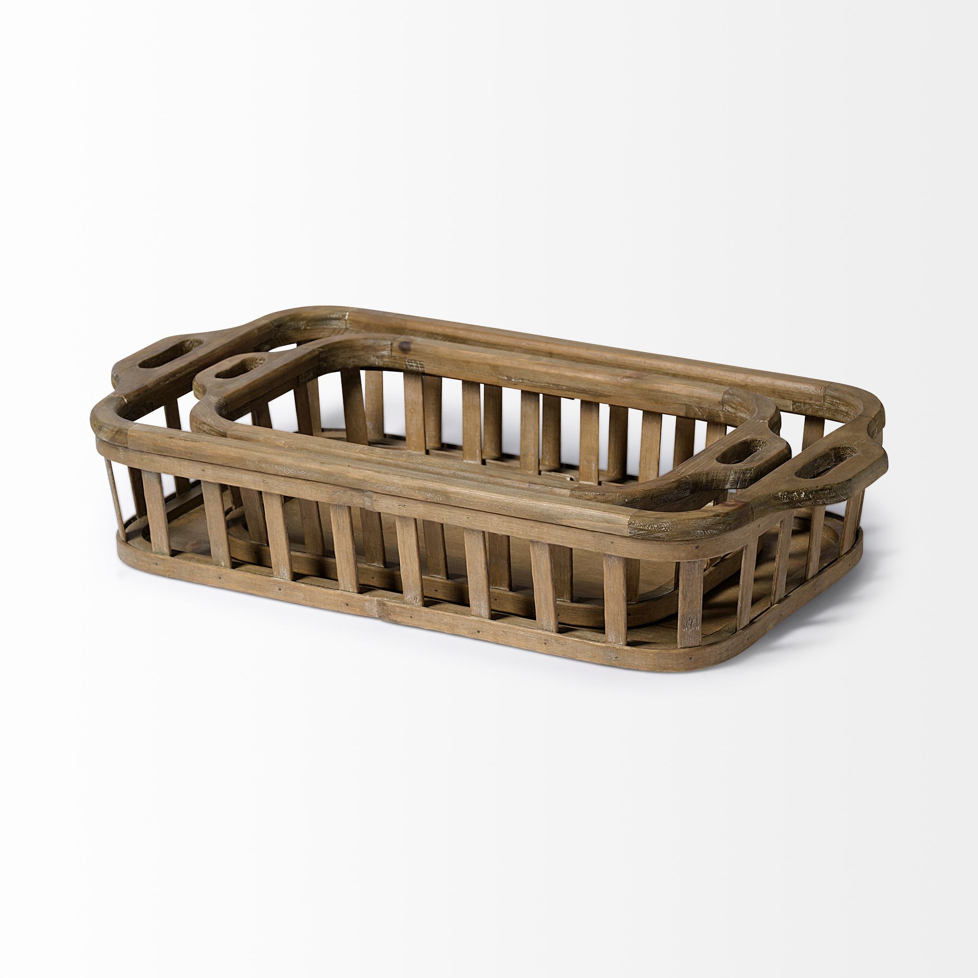 Louis Set of 2 Natural Wood Slated Nesting Trays, Decorative Tray by Mercana, 27.56" length x 13.98" width x 4.92" height View 3