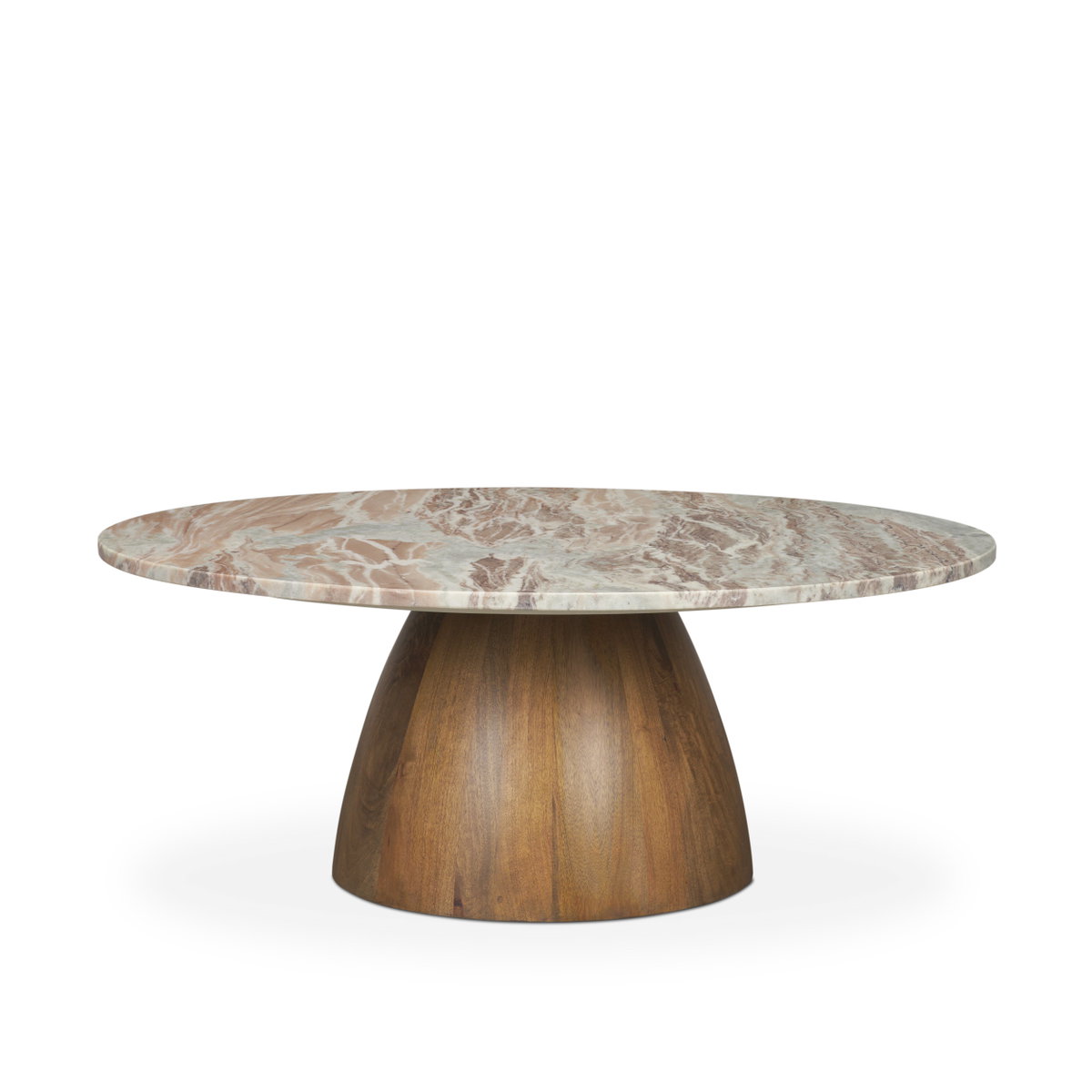 Allyson Round Brown Pedestal with Savar Pink Marble Top Coffee Table, by Mercana, 42" length x 42" width x 16" height View 1