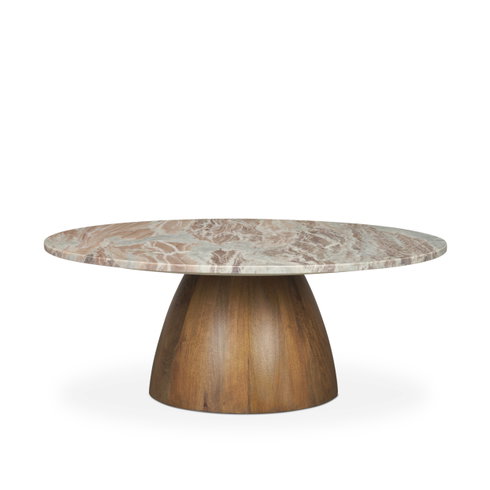 Allyson Round Brown Pedestal with Savar Pink Marble Top Coffee Table