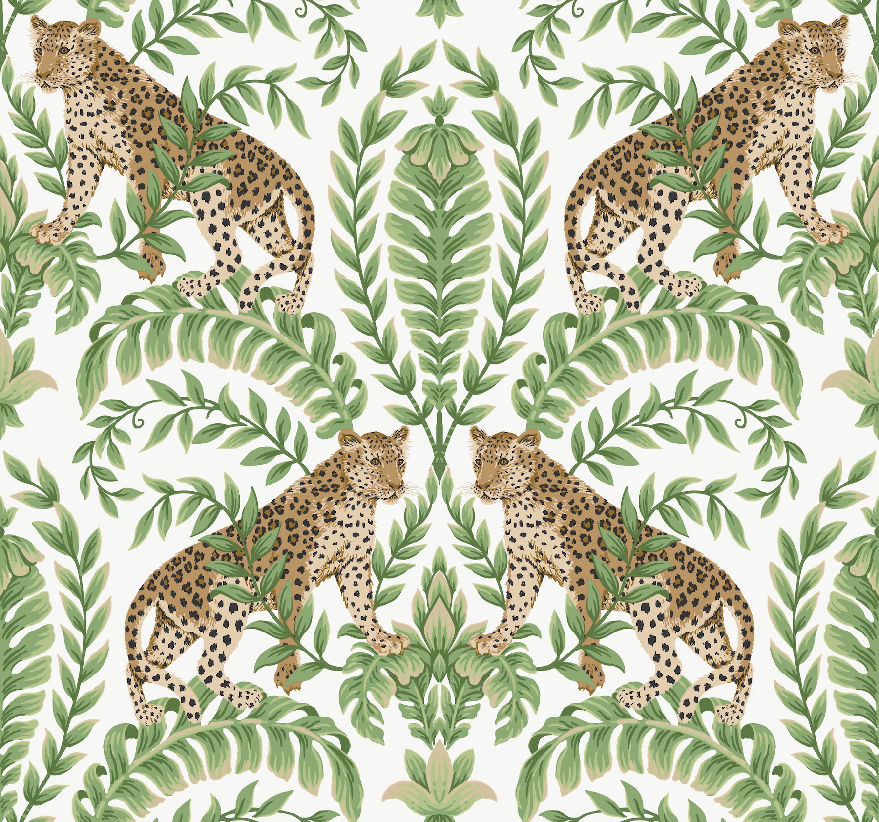 Jungle Leopard White & Green Wallpaper large image 