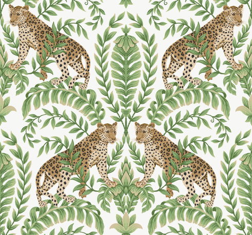 Jungle Leopard White & Green Wallpaper