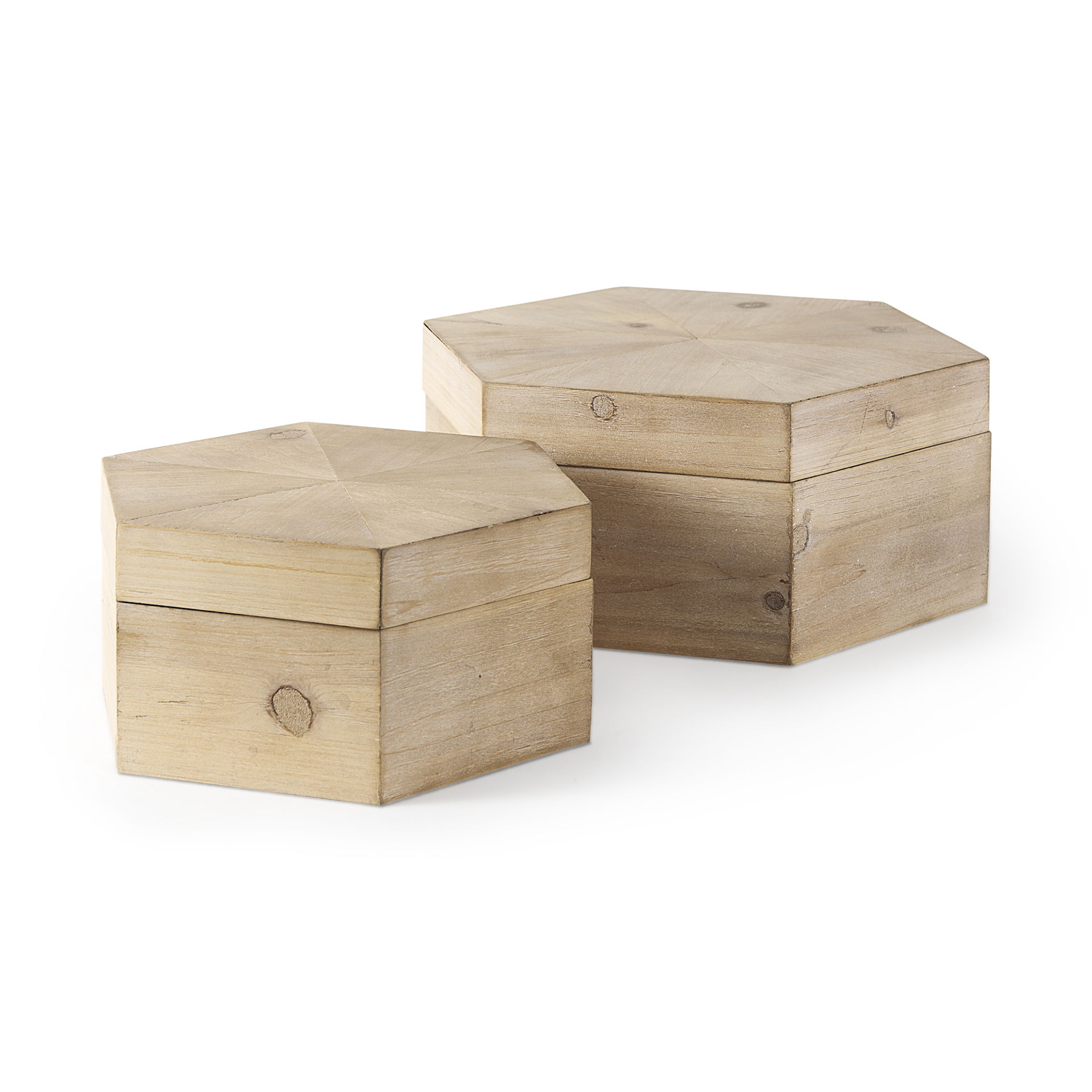 Elyse (Set of 2) 14L x 12W Brown Wooden Hexagonal Boxes, by Mercana, 13.78" length x 11.81" width x 5.91" height View 1