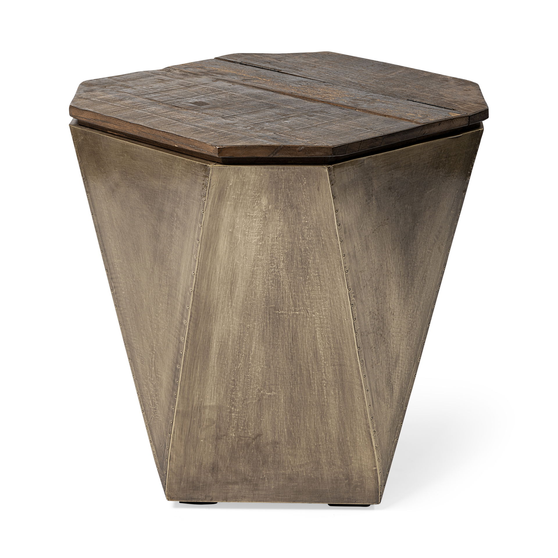 Esagono Octagonal Gold Metal-Clad Reclaimed Wood End/Side Table with Storage, Side & End Table by Mercana, 19" length x 19" width x 21" height View 1