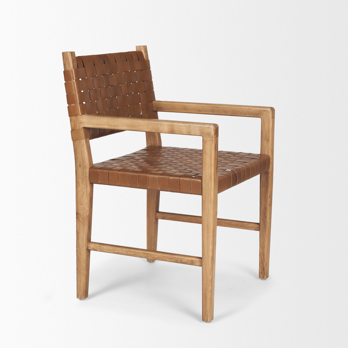 Shane Curved Back Dining Arm Chair | Woven Brown Leather with Brown Wood, Dining Chair by Mercana, 21" length x 21.5" width x 33.25" height View 9