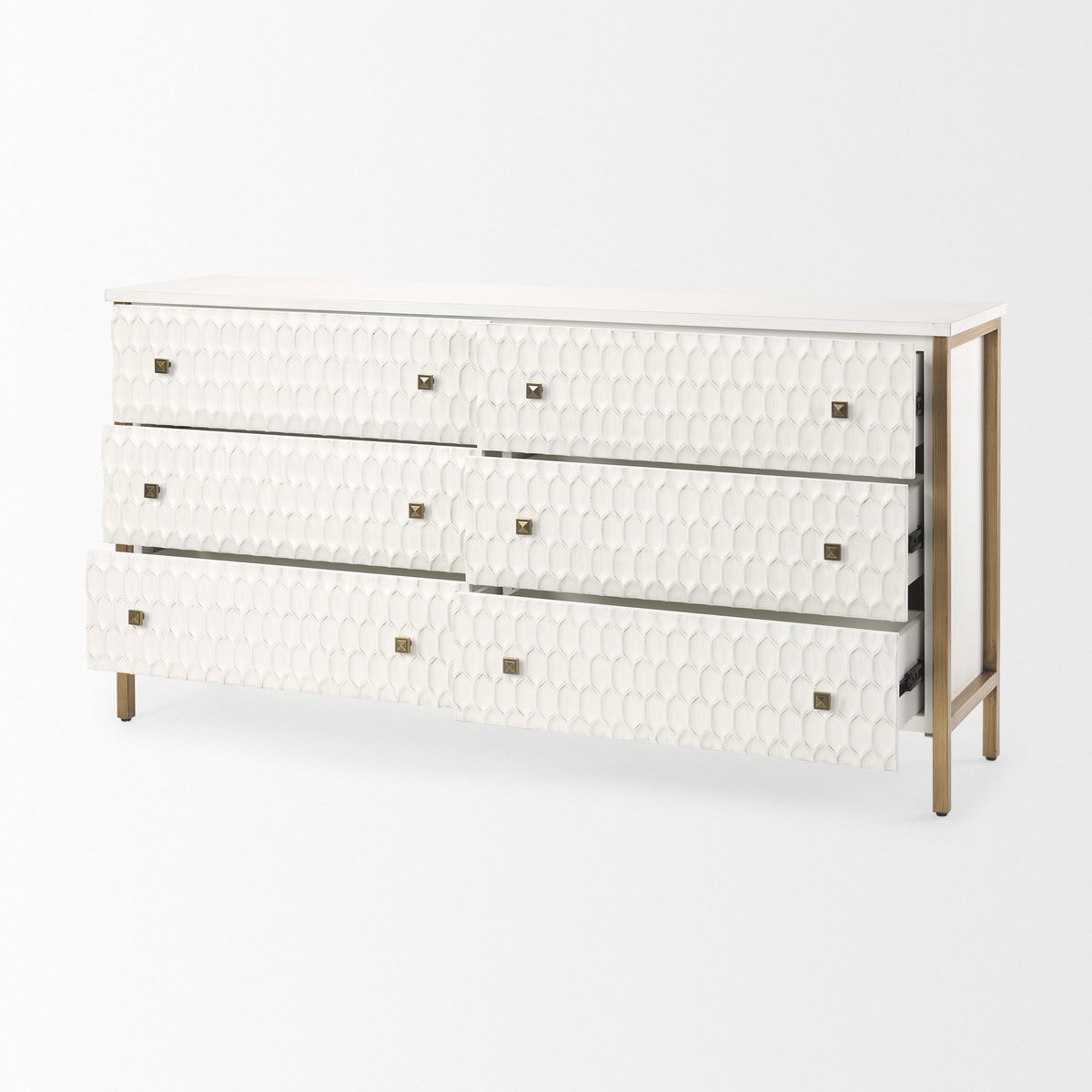 Savannah White Fir Veneer with Gold Metal Accents 6-Drawer Sideboard, Sideboards & Buffet by Mercana, 62.6" length x 15.75" width x 31.5" height View 9