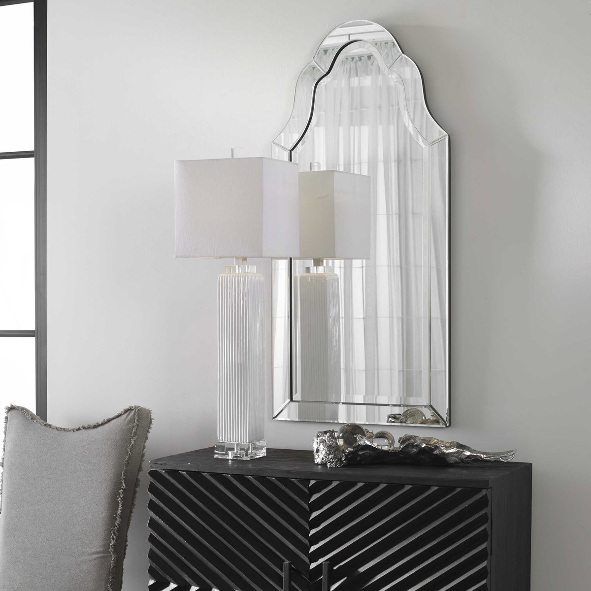 Hovan Frameless Arched Mirror, by Uttermost, 1'8.5" width x 3'7.5" height x 1" depth View 2