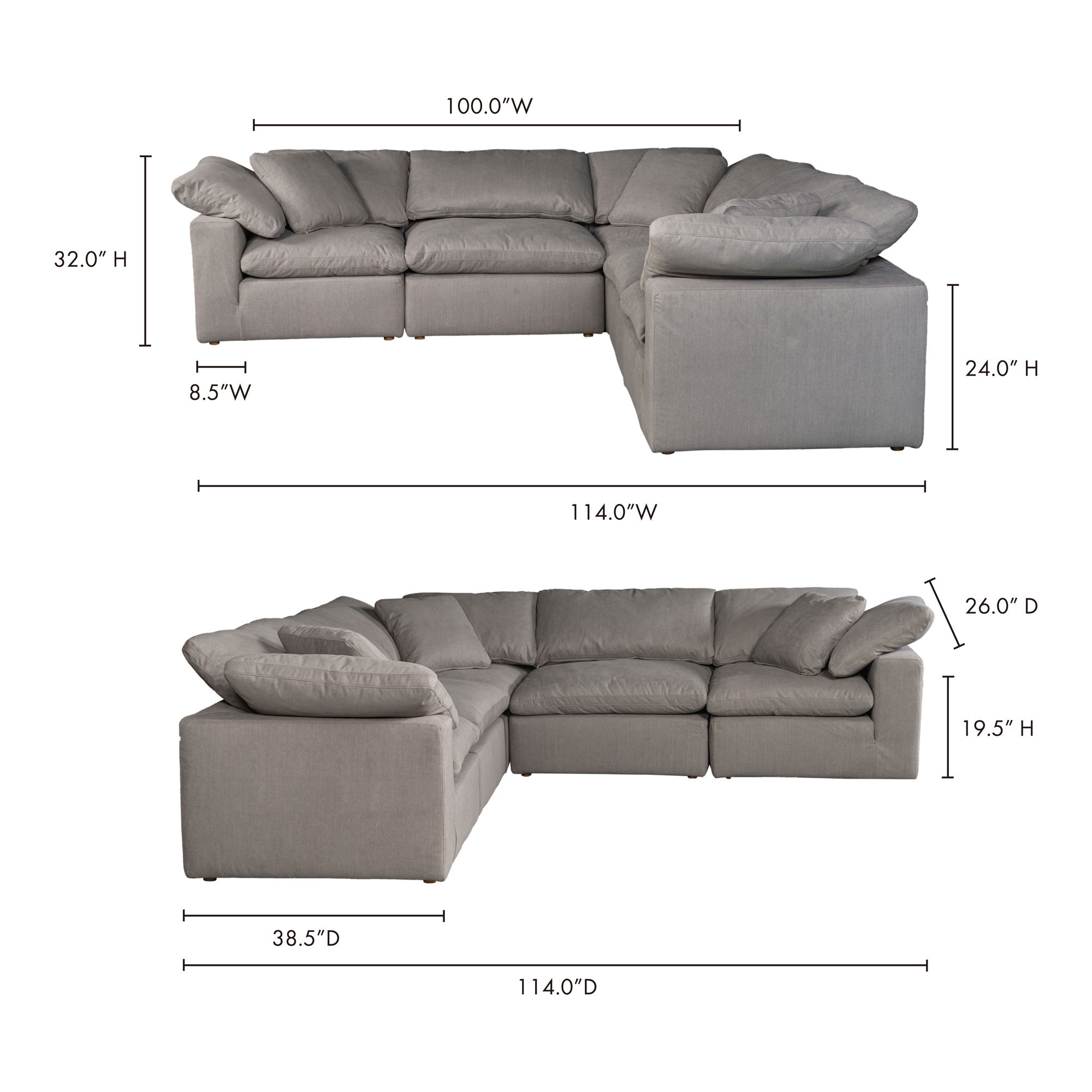 Terra Condo Classic L-shaped Modular Sectional Light Grey, Sectional Sofa by Moe's Home, 114" width x 32" height x 114" depth View 5