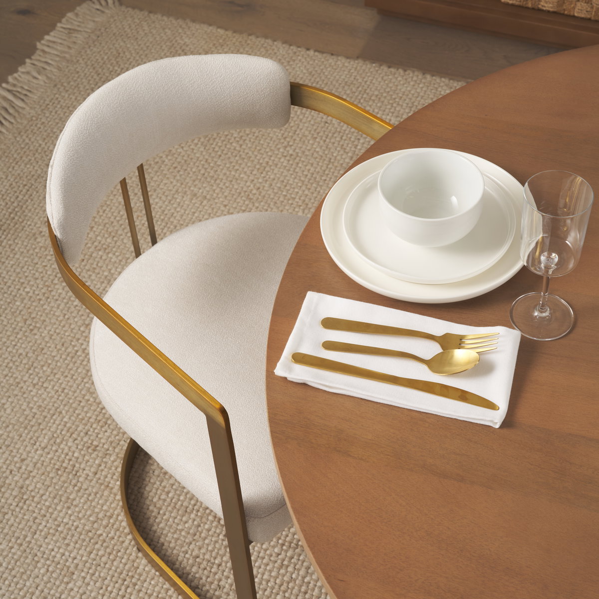 Hollyfield Curved Back Dining Arm Chair | Cream Fabric with Gold Iron, Dining Chair by Mercana, 20.47" length x 21.26" width x 29.53" height View 3