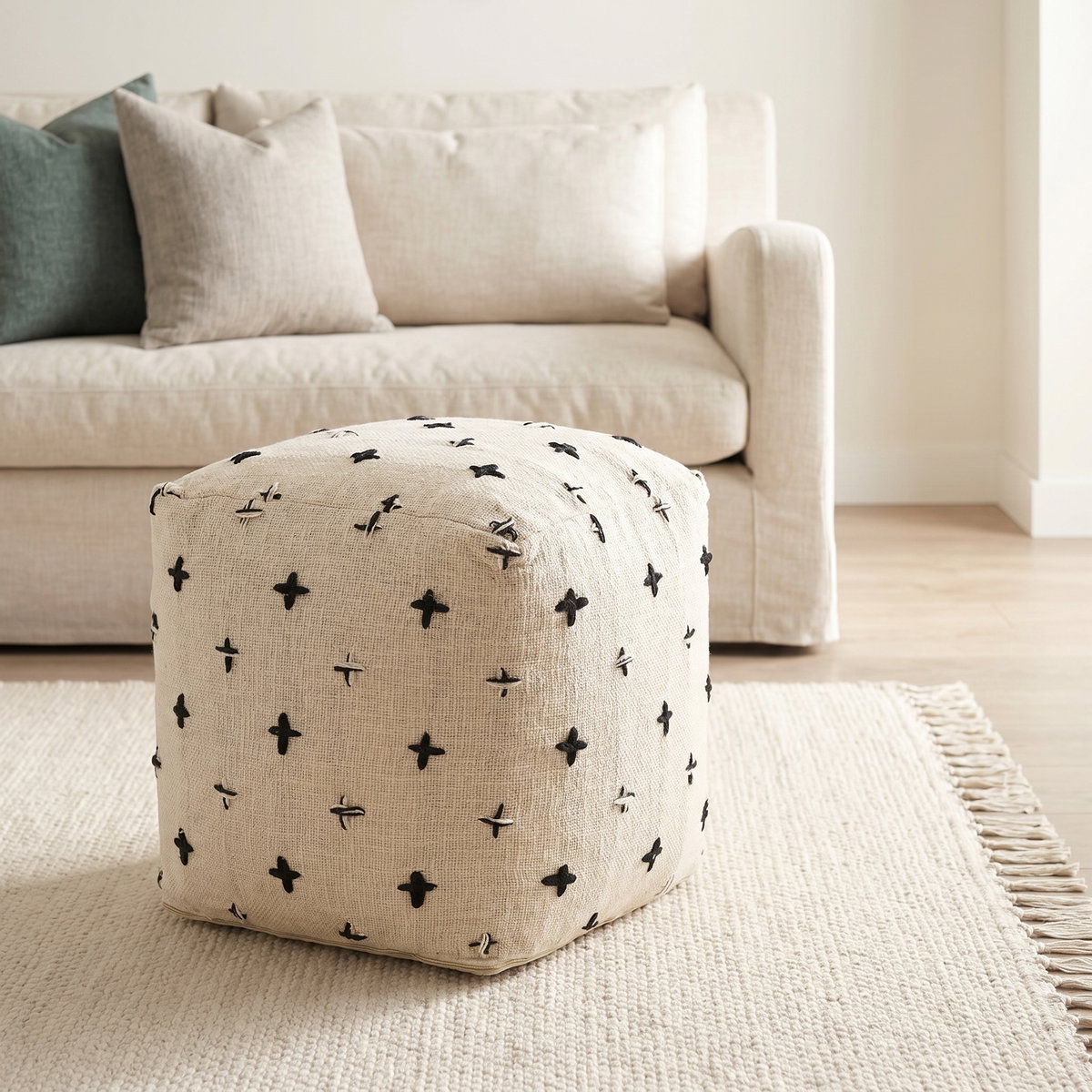 Saanvi Wool with Cream and Black Stitched Cross Patterned Pouf, Ottoman by Mercana, 16" length x 16" width x 16" height View 3