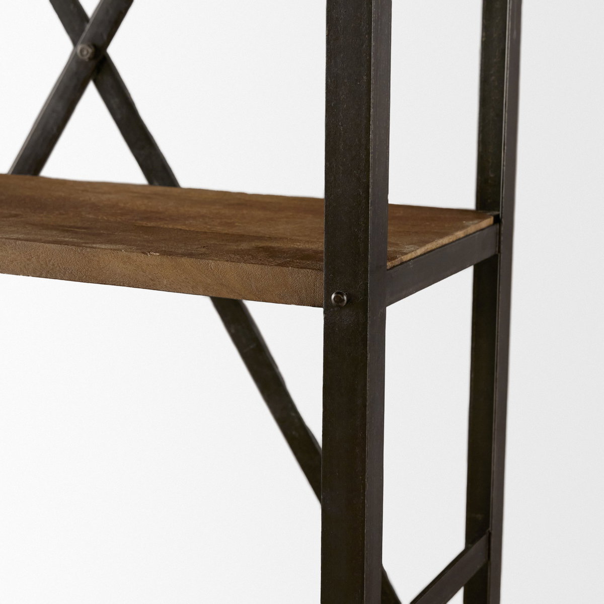 Brodie VII 32L x 22W x 94H Brown Wood Gun-Metal Bracing Four Shelf Shelving Unit, Shelving & Bookcase by Mercana, 31.5" length x 21.5" width x 94" height View 13