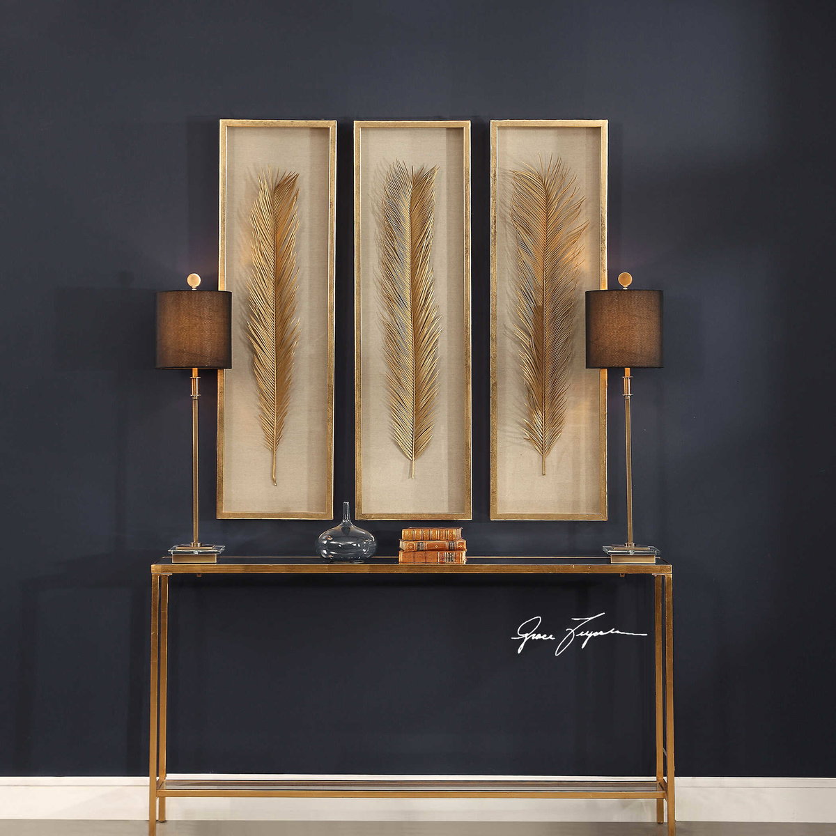 Palma Gold Leaf Shadow Box Set/3, Art by Uttermost, 14" width x 48.25" height x 2.62" depth View 7