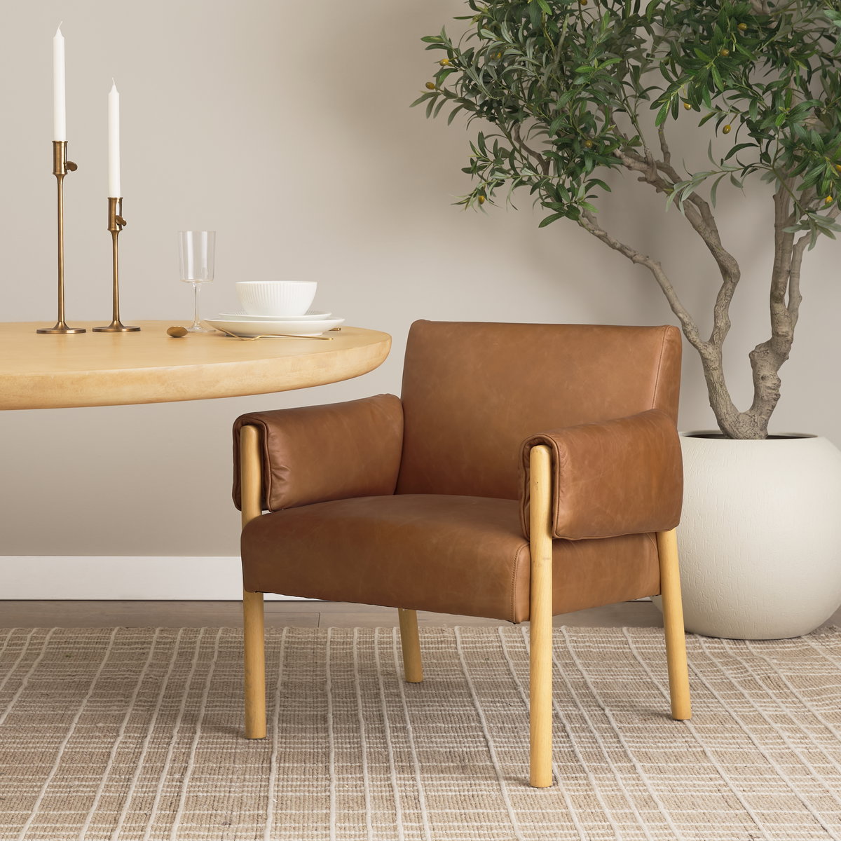 Ashton Brown Leather with Light Wood Accent Chair, by Mercana, 28.54" length x 29.72" width x 31.5" height View 2