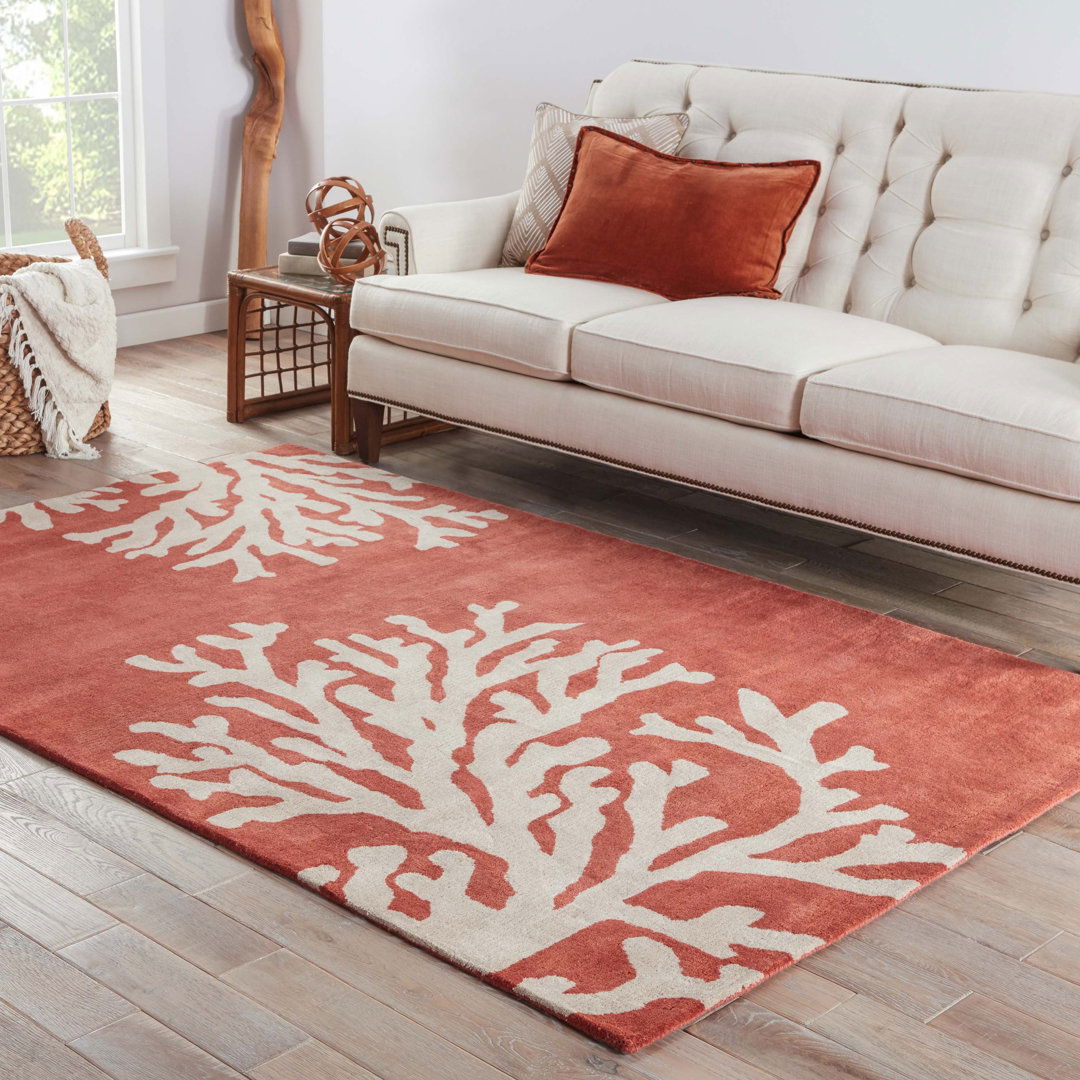 Coastal Seaside Wool Hand Tufted Orange & Ivory Area Rug large image 
