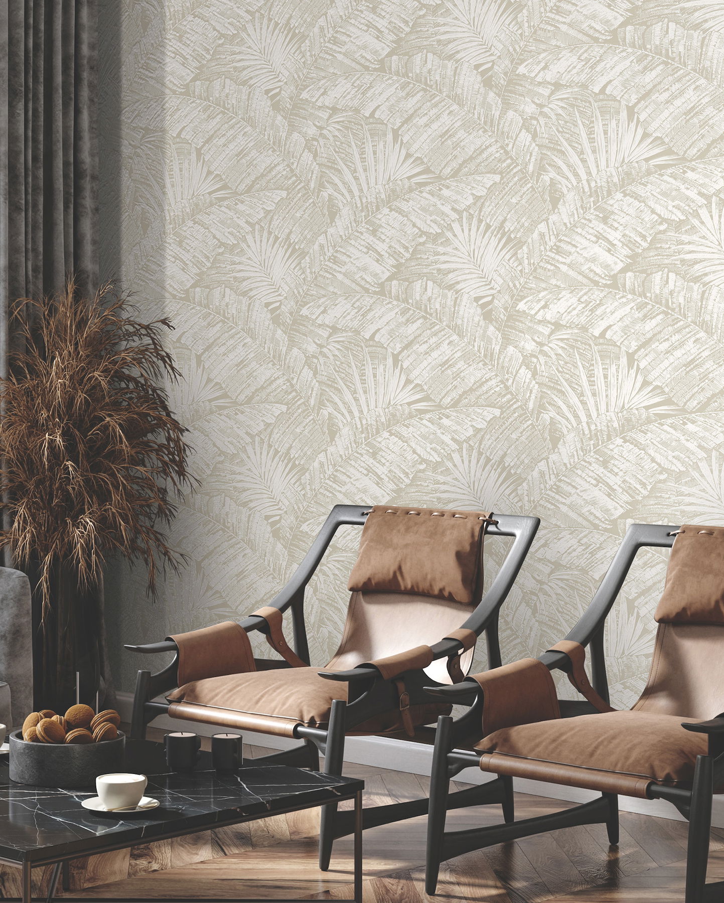 Palm Cove Toile White & Taupe Wallpaper large image 