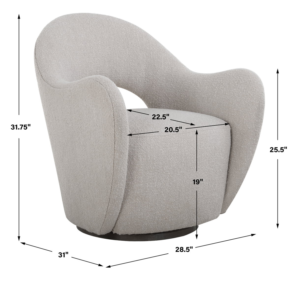Wander Fabric Swivel Chair, Accent Chair by Uttermost, 28.25" width x 32.75" height x 33.5" depth View 3