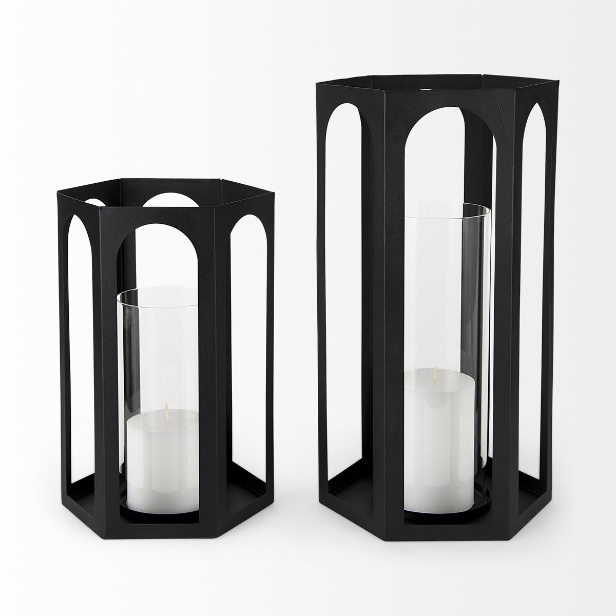 Balley  Set of Two Matte Black Metal Hexagonal Candle Holder Lanterns, Lighting by Mercana, 9.45" length x 9.45" width x 19.69" height View 4