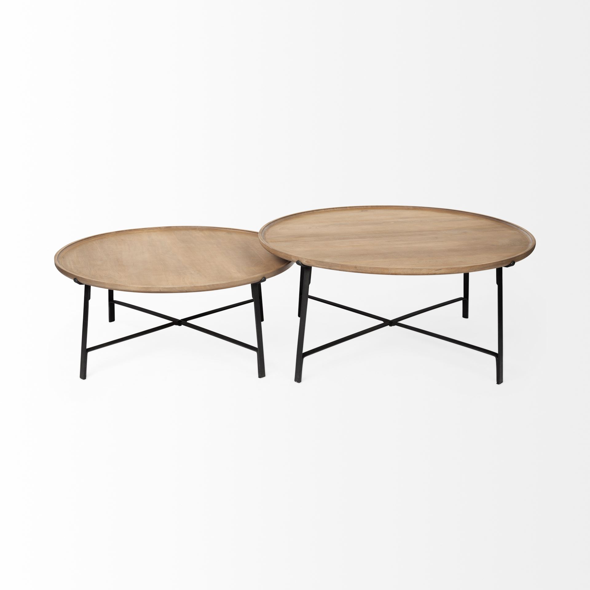 Helios (Set of 2) Brown Solid Wood Top Black Metal Base Nesting Coffee Tables, by Mercana, 41" length x 41" width x 18" height View 3