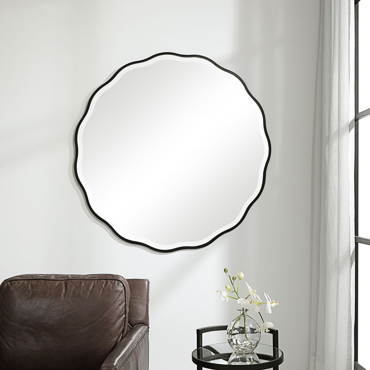 Aneta Black Round Mirror, by Uttermost, 42" width x 42" height x 0.5" depth View 2