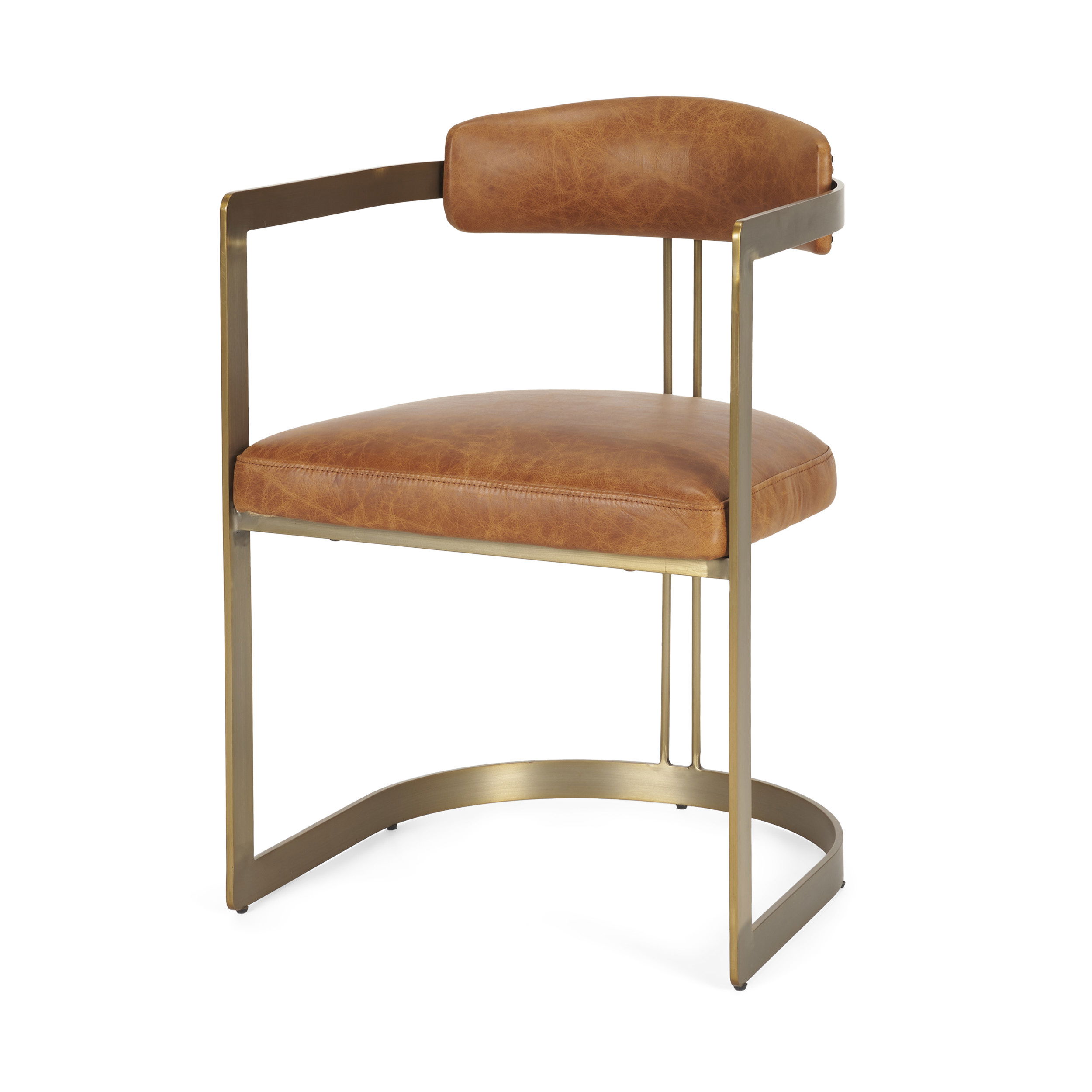 Hollyfield I Brown Leather Seat Gold Iron Frame Dining Chair, by Mercana, 20.5" length x 21.5" width x 29.5" height View 1