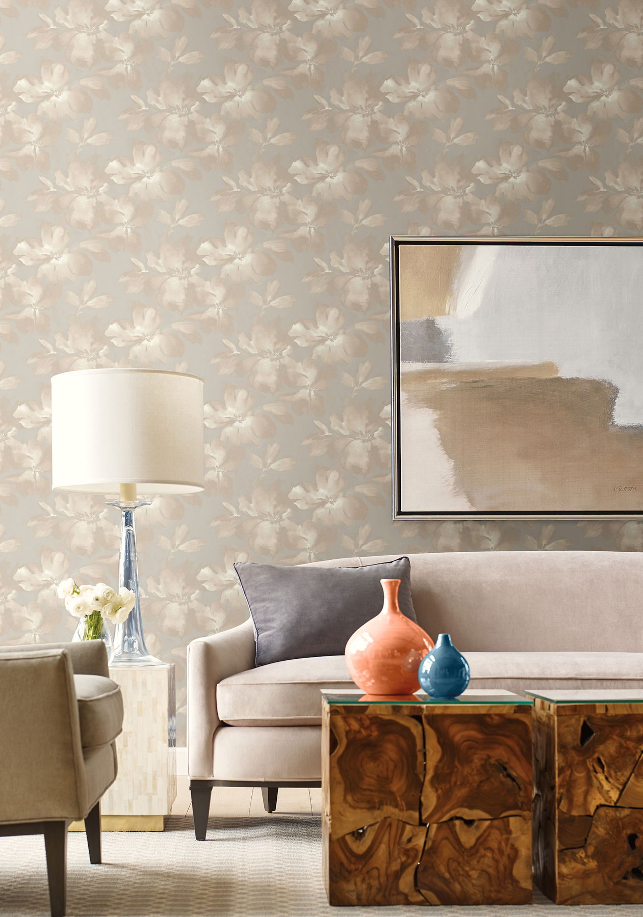 Midnight Blooms Neutral Peel & Stick Wallpaper large image 