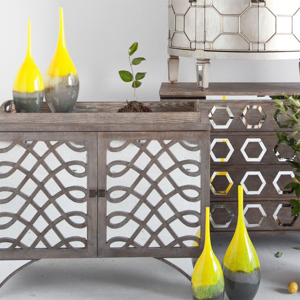 Jasse Large Yellowith Gray Ombre Glass Vase, by Mercana, 7.09" length x 7.09" width x 20.67" height View 2