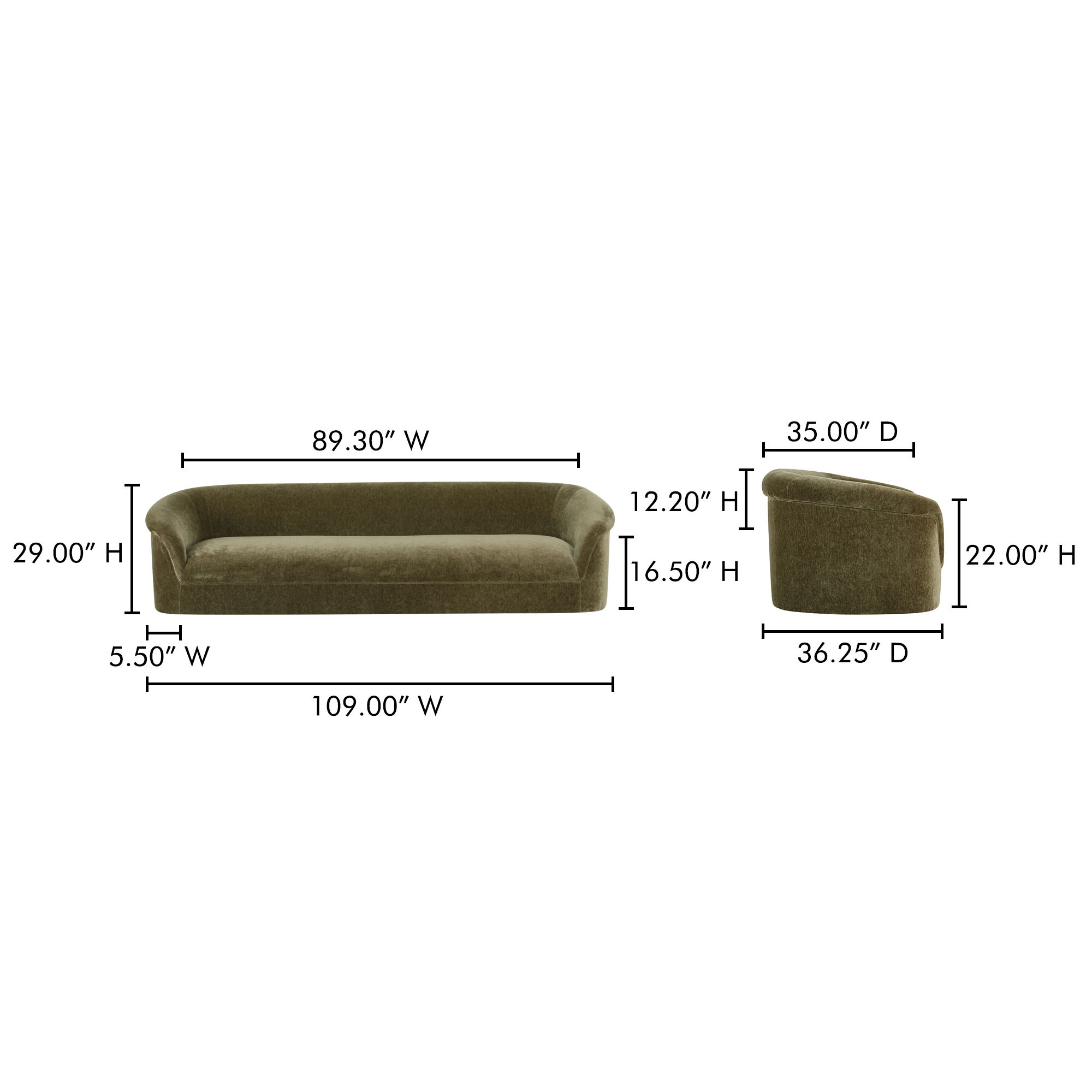 Thora Sofa Dark Green, Sofas & Sectional by Moe's Home, 109" width x 29" height x 36.25" depth View 10