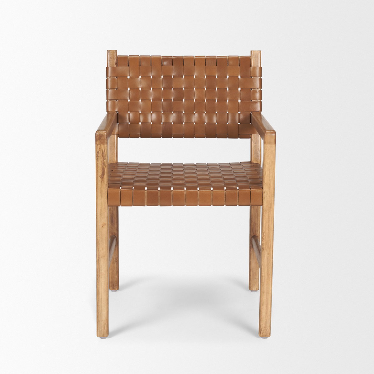 Shane Curved Back Dining Arm Chair | Woven Brown Leather with Brown Wood, Dining Chair by Mercana, 21" length x 21.5" width x 33.25" height View 5