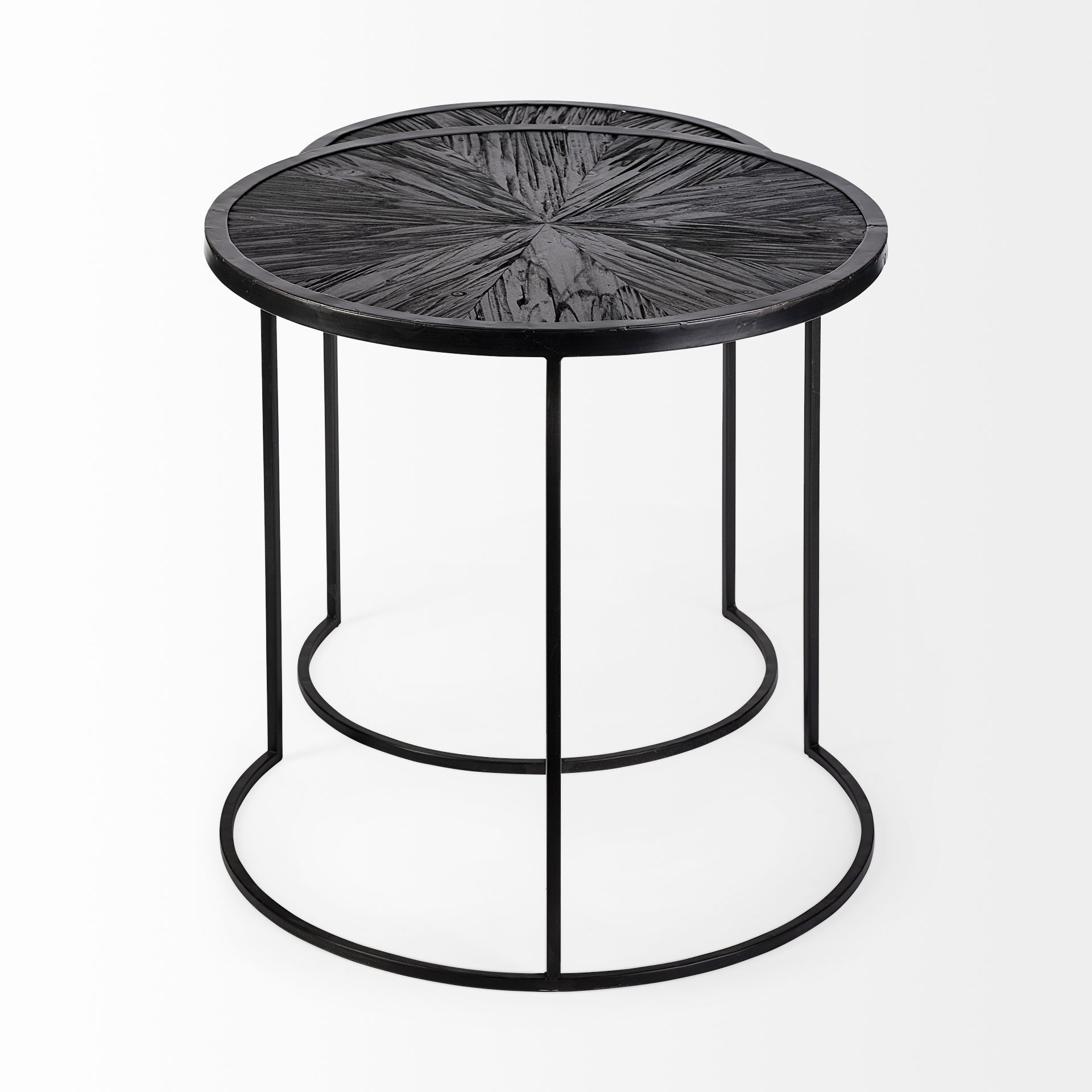 Chakra 19.7' Set of Two Round Dark Wood Top Black Frame Accent Tables, Side & End Table by Mercana, 19.69" length x 19.69" width x 19.69" height View 5