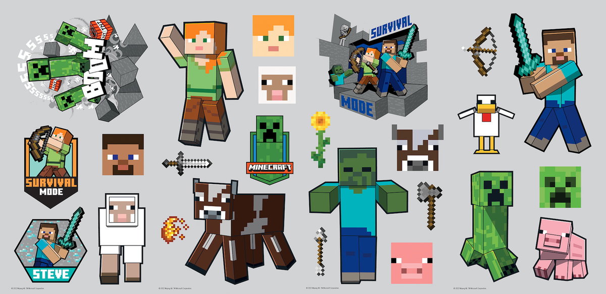 Minecraft Characters Peel & Stick Wall Decals, by York Wall, 1'4.8" length x 9" width x 0.02" depth