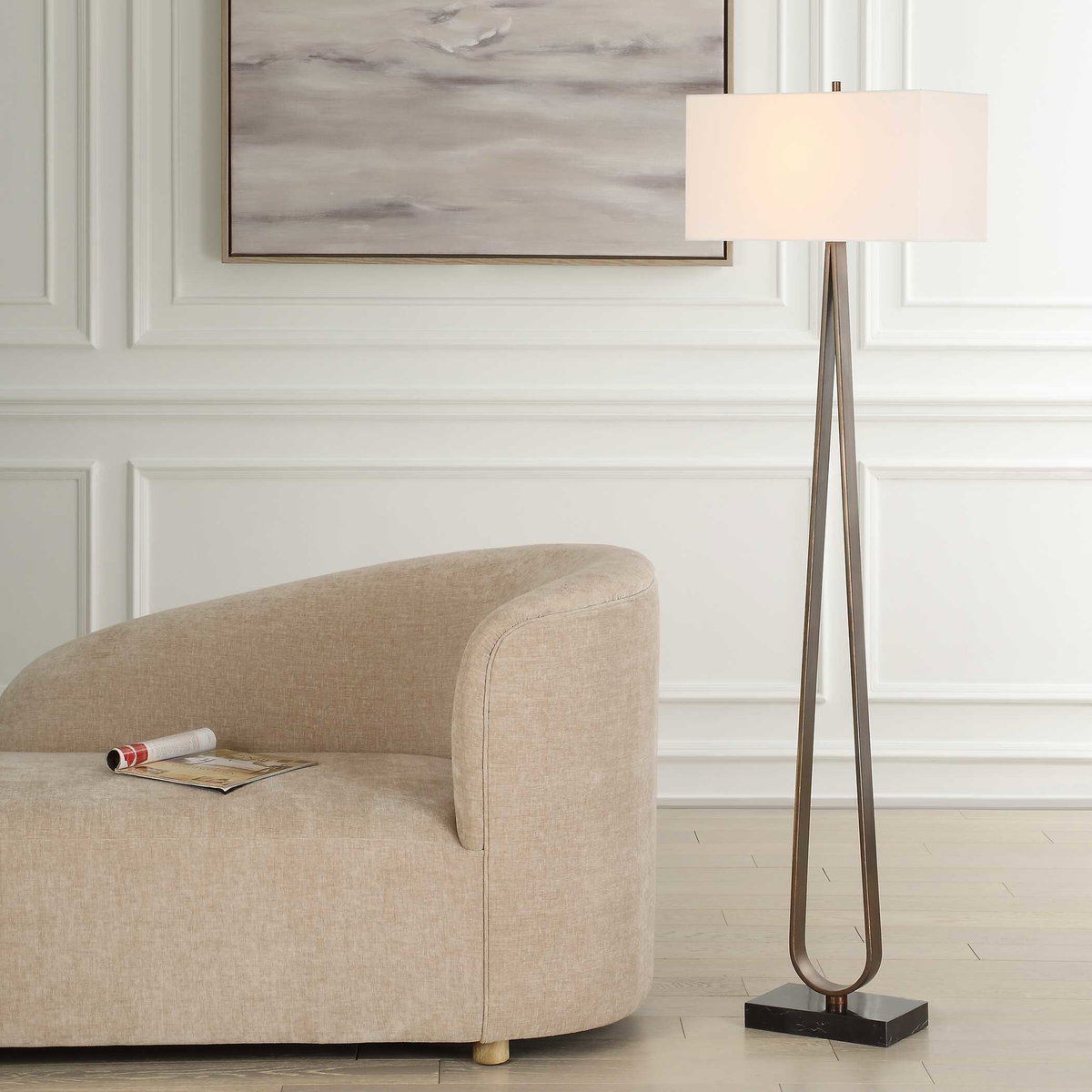 Galloway Minimalist Bronze Floor Lamp, by Uttermost, 18" width x 64.75" height x 10" depth View 2