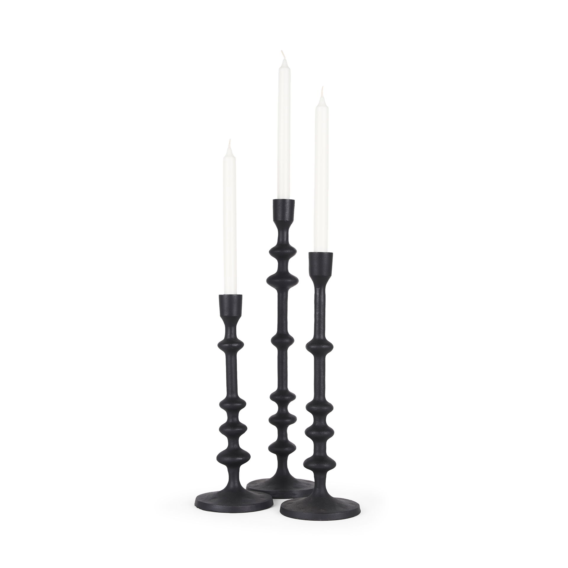Paolo Matte Black Metal Candle Holder (Set of 3), Candles & Candle Holder by Mercana, 5" length x 5" width x 20" height View 1