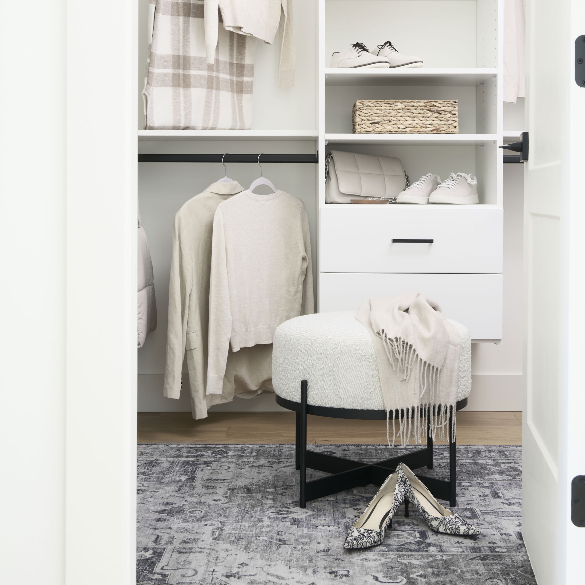 Amelia Cream Boucle with Black Metal Upholstered Pouf, Ottoman by Mercana, 21.26" length x 21.26" width x 19" height View 3