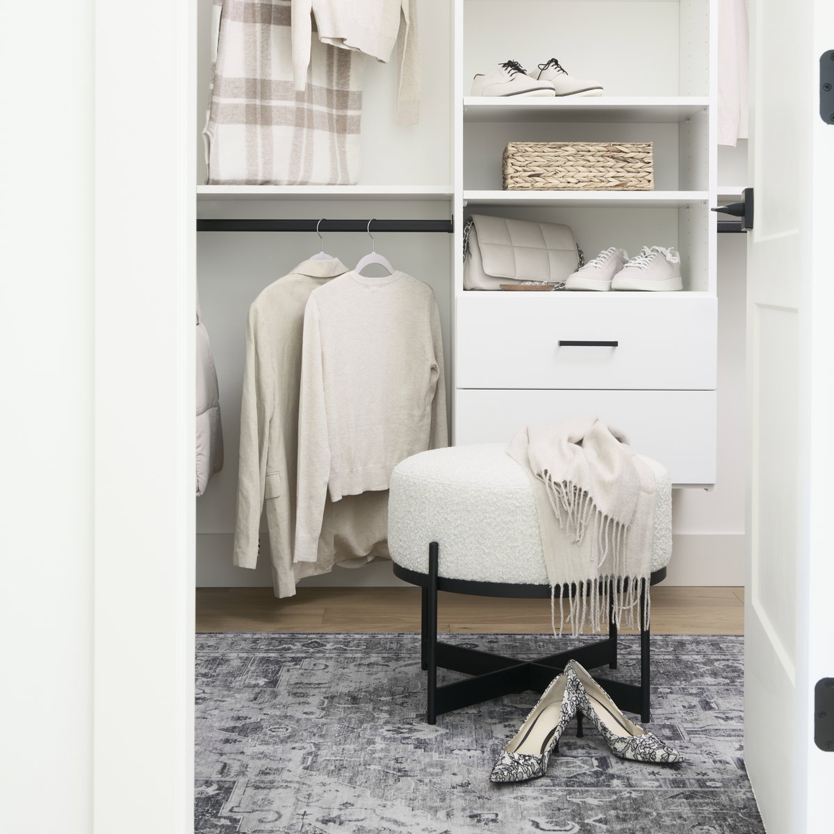 Amelia Cream Boucle with Black Metal Upholstered Pouf, Ottoman by Mercana, 21.26" length x 21.26" width x 19" height View 3