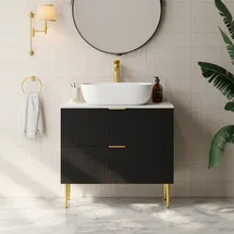 Online Designer Bathroom 31.5'' Black Single Fluted Bathroom Vanity with Vessel Sink and 2 Drawers