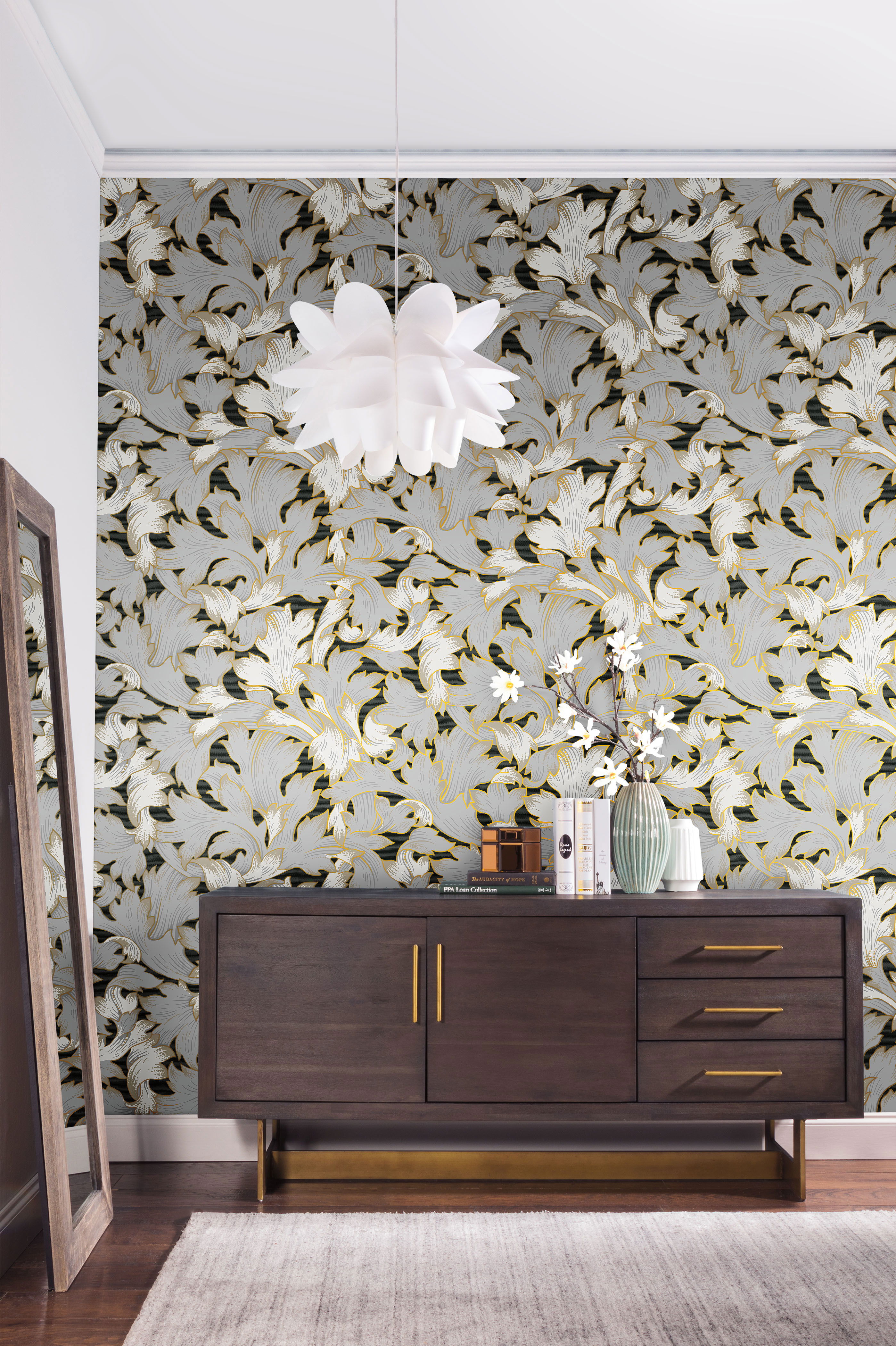 Acanthus Toss Black & Grey Wallpaper large image 
