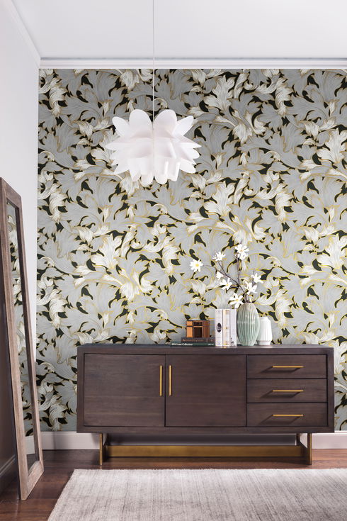 Acanthus Toss Black & Grey Wallpaper