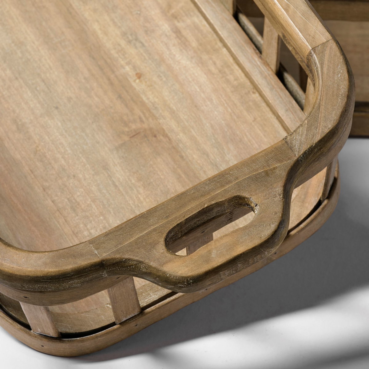 Louis Set of 2 Natural Wood Slated Nesting Trays, Decorative Tray by Mercana, 27.56" length x 13.98" width x 4.92" height View 6