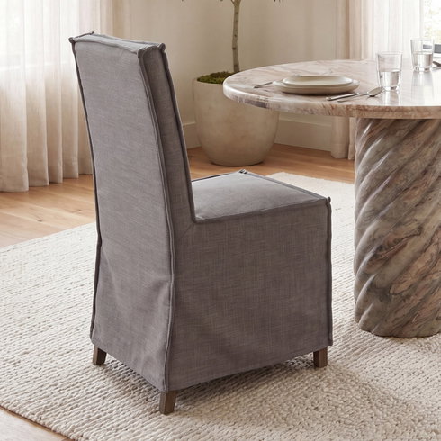 Elbert Solid Back Dining Side Chair | Grey Fabric with Brown Wood