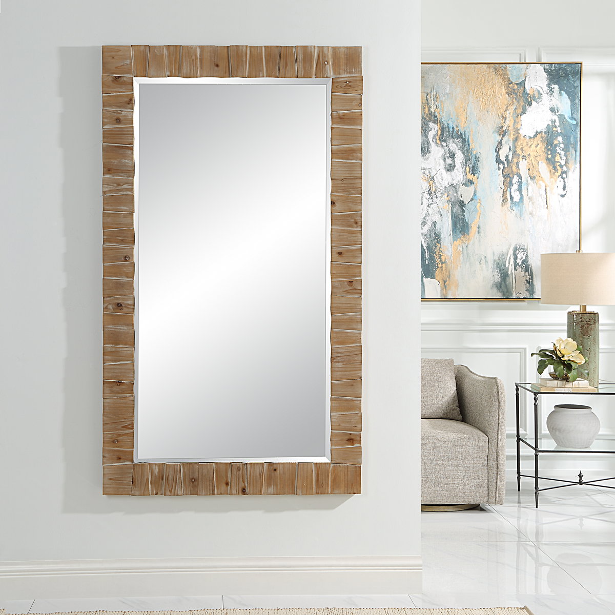 Ayanna Gray Washed Wood Mirror, by Uttermost, 3'7.75" width x 6'1.75" height x 1.75" depth View 2