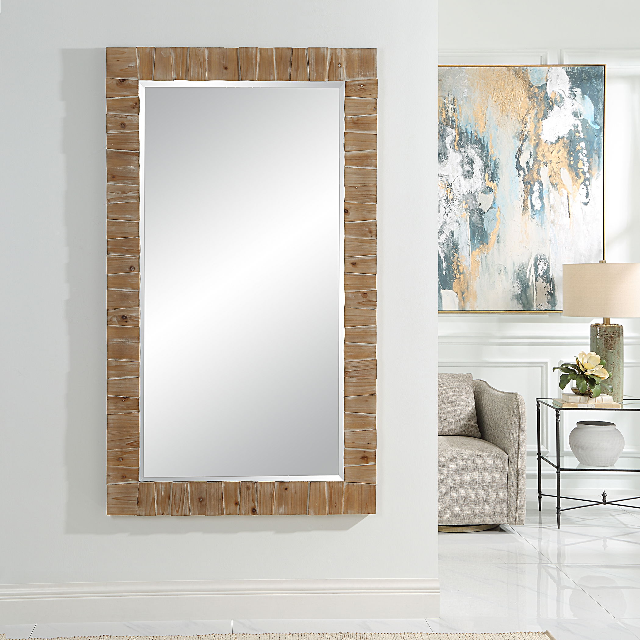 Ayanna Gray Washed Wood Mirror, by Uttermost, 43.75" width x 73.75" height x 1.75" depth View 2