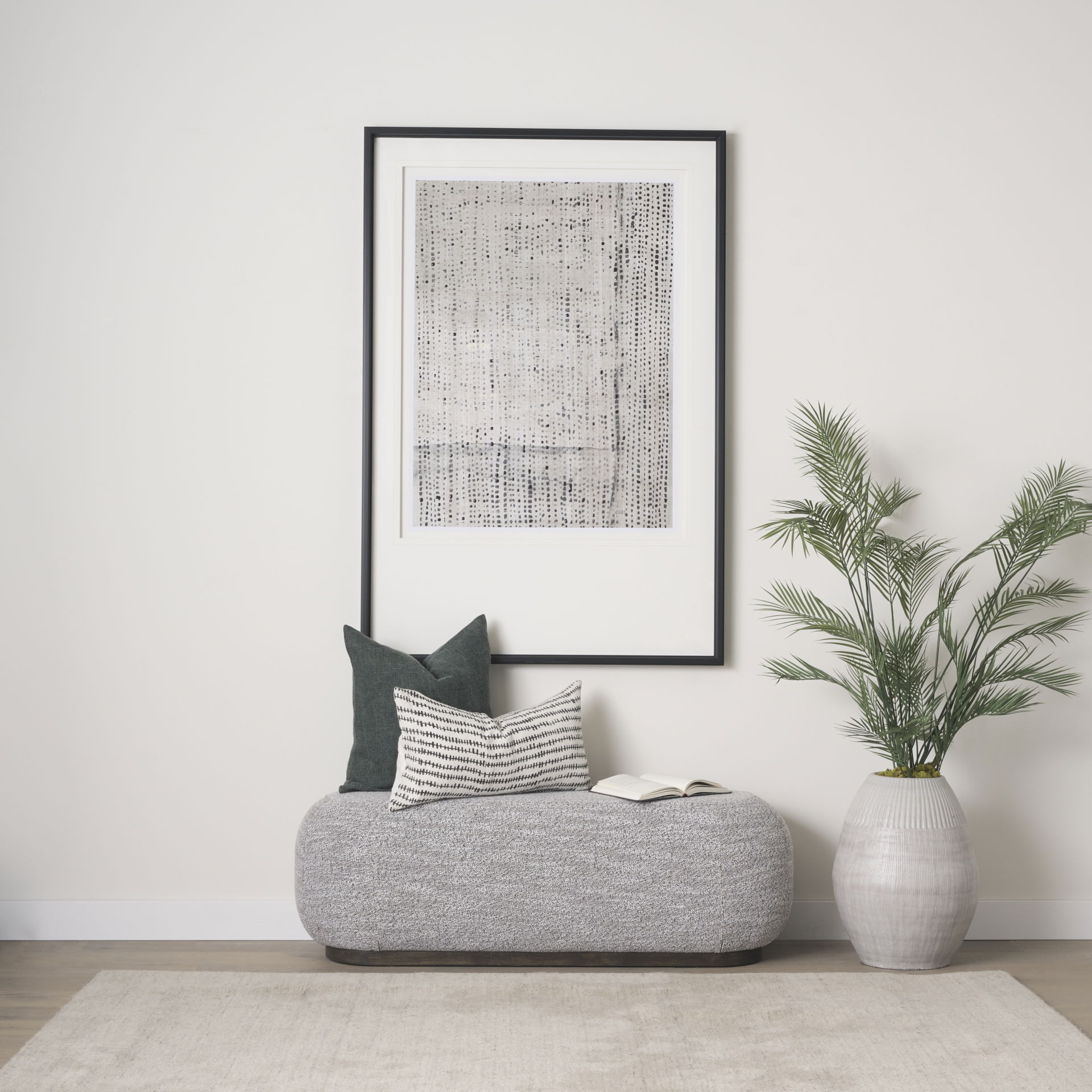 Siren Gray Fabric with Dark Brown Wood Oblong Bench large image 