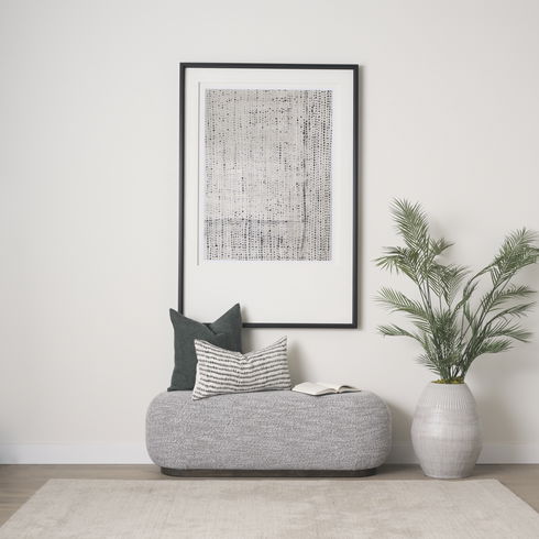Siren Gray Fabric with Dark Brown Wood Oblong Bench