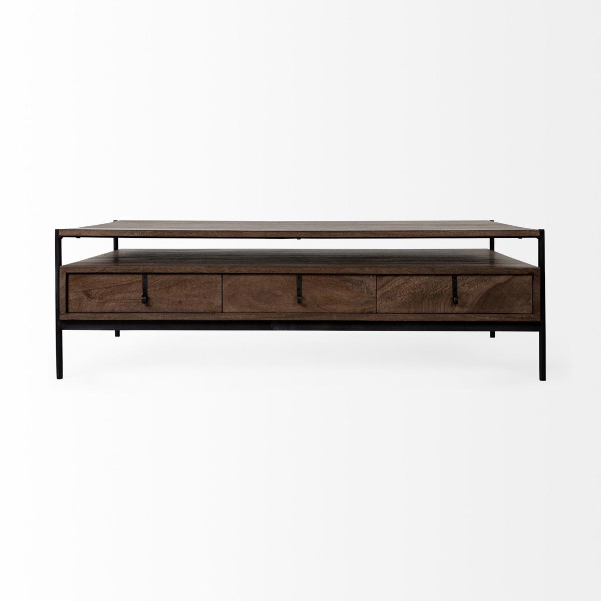 Glenn II 54x30 Dark Brown Wood with Black Iron Frame, Rectangle 3 Drawers Coffee Table, by Mercana, 55.75" length x 30.5" width x 17" height View 6