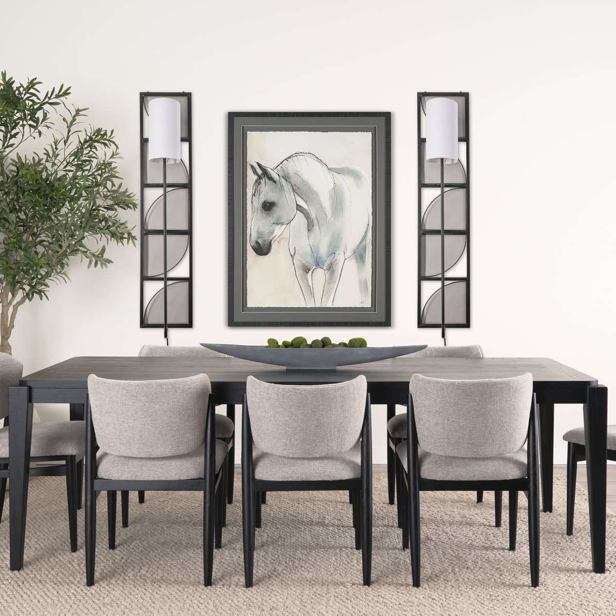 Navin 10x46.5 Black Metal Body White Fabric Shade Rectangular Wall Sconce, by Mercana, 10.04" length x 8.86" width x 46.85" height View 2
