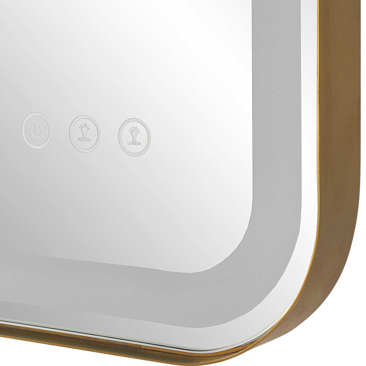 Crofton Lighted Brass Vanity Mirror, by Uttermost, 1'10.25" width x 2'8.25" height x 2.12" depth View 8