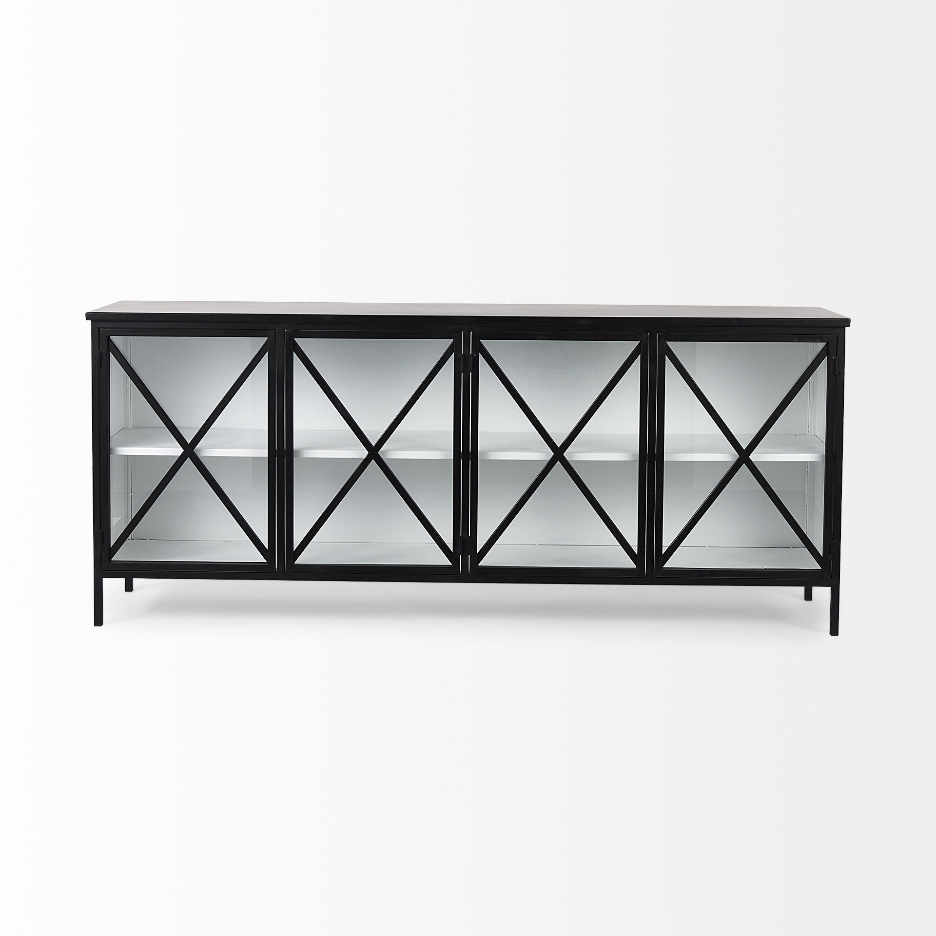 Aurelia  Black and White Metal Four Door Glass Cabinet, Sideboards & Buffet by Mercana, 79" length x 16" width x 33" height View 4